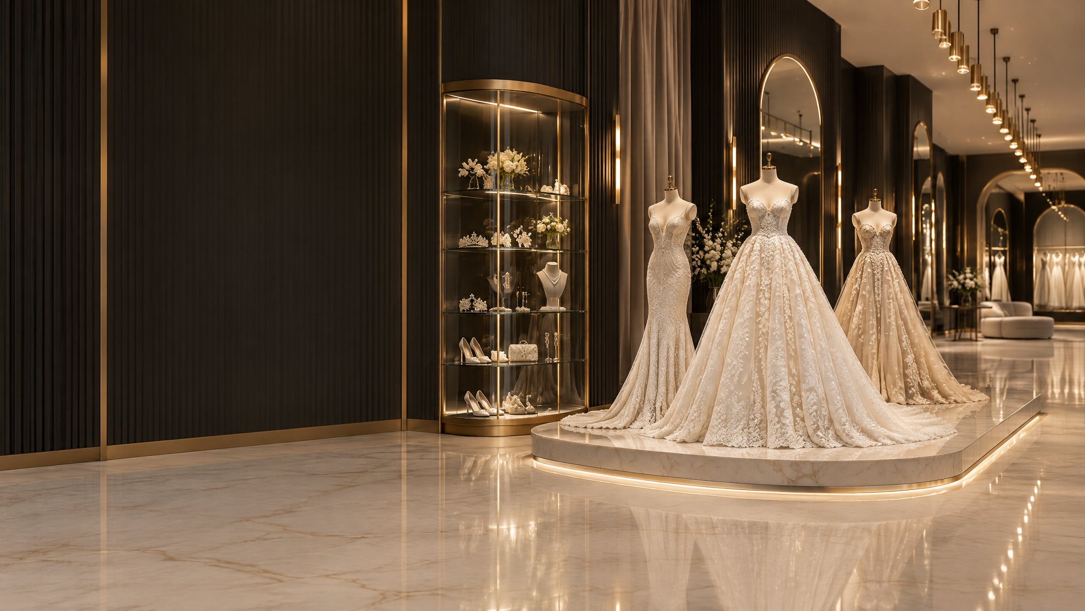 A LACILU Wedding Club showroom with couture gowns displayed under warm gold lighting